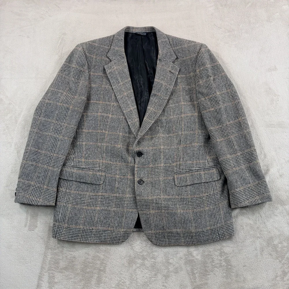 Vintage Burberrys 100% Camel Hair Blazer Sport Coat 46R Glen Check Grey USA Made